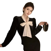 Collar Lace-Up Velvet Blouse